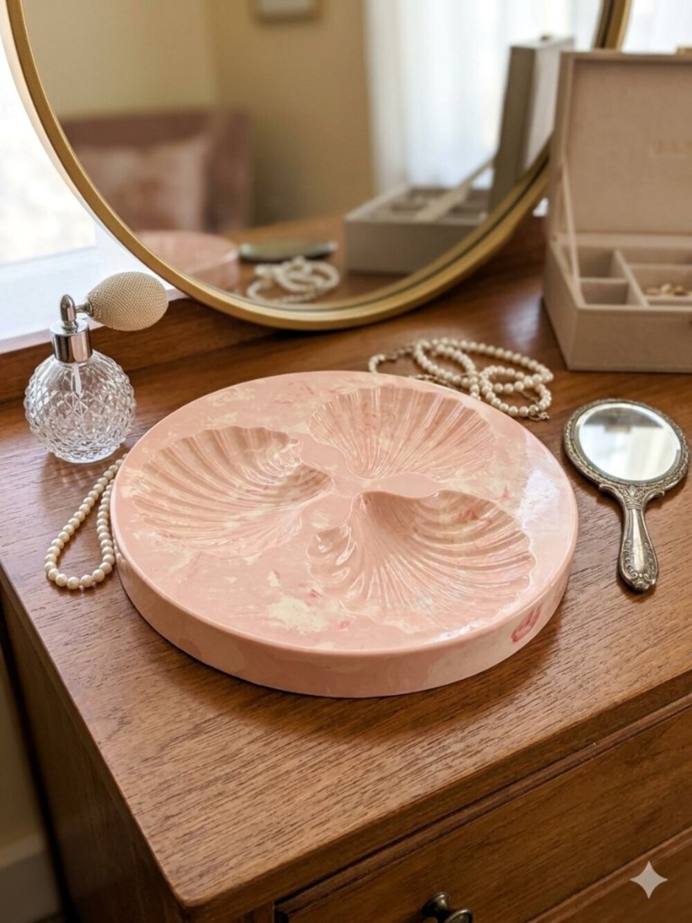 Vintage Mid-Century Style Faux-Marble Seashell Vanity/Trinket Dish Pink White